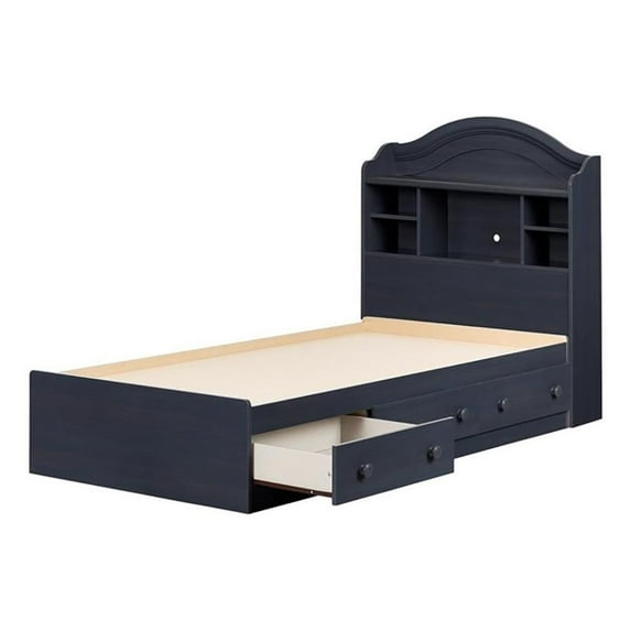 Pemberly Row Twin Size Bed in Wood with Storage and Shelves in Blue