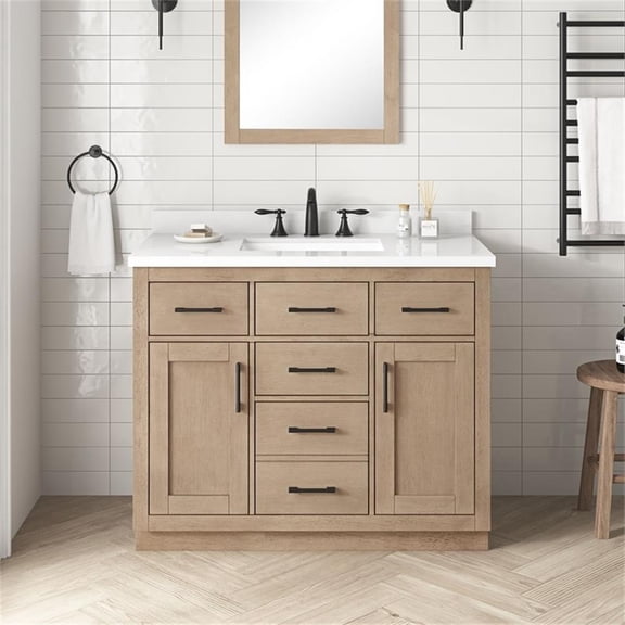 Pemberly Row 42" Bathroom Vanity in Sahara Birch with White Countertop