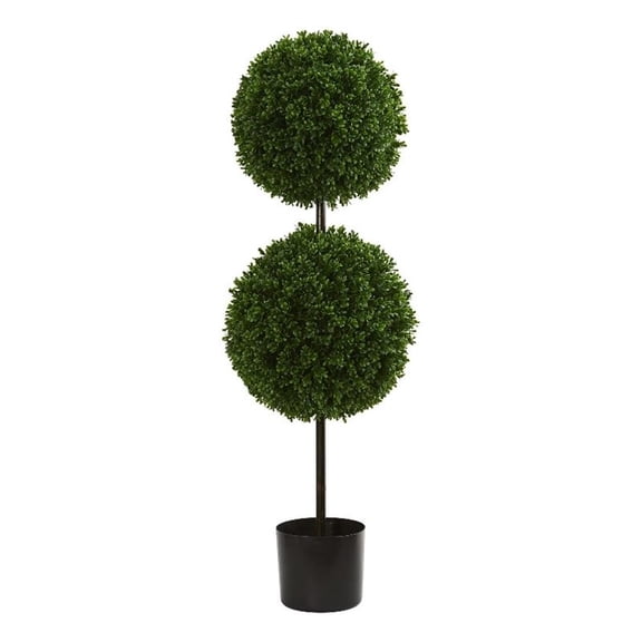 Pemberly Row 42" Boxwood Double Ball Artificial Topiary Tree in Green/Black