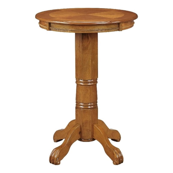 Pemberly Row 42" Wood Pub Bar Table Sunburst Design Carved Pedestal in Oak