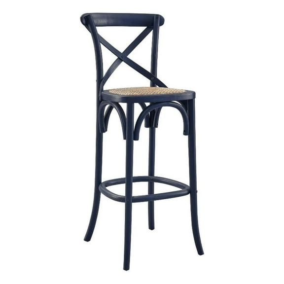 Pemberly Row 43.5" Rattan and Elm Wood Bar Stool in Midnight Blue Finish