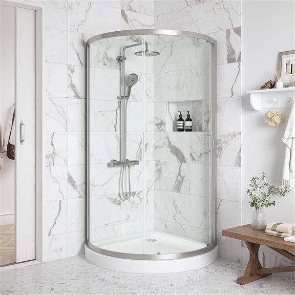 Pemberly Row 44" Round Corner Shower Kit in Satin Nickel Clear Base Only