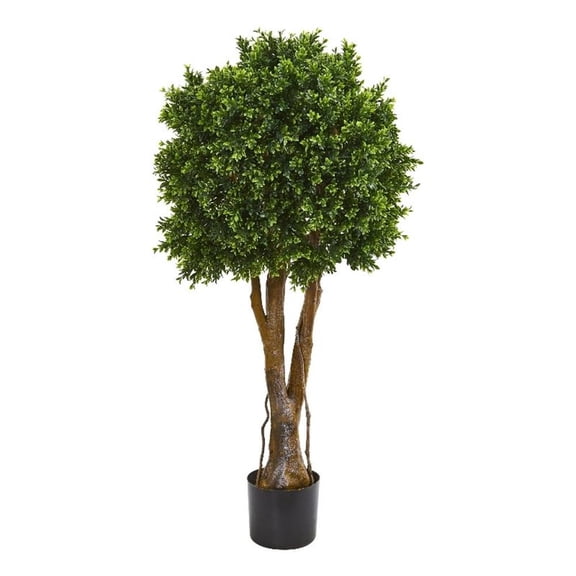 Pemberly Row 46" Boxwood Artificial Topiary Tree UV Resistant in Green/Black