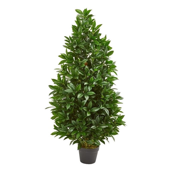 Pemberly Row 48" Bay Leaf Artificial Topiary Tree UV Resistant in Green/Black