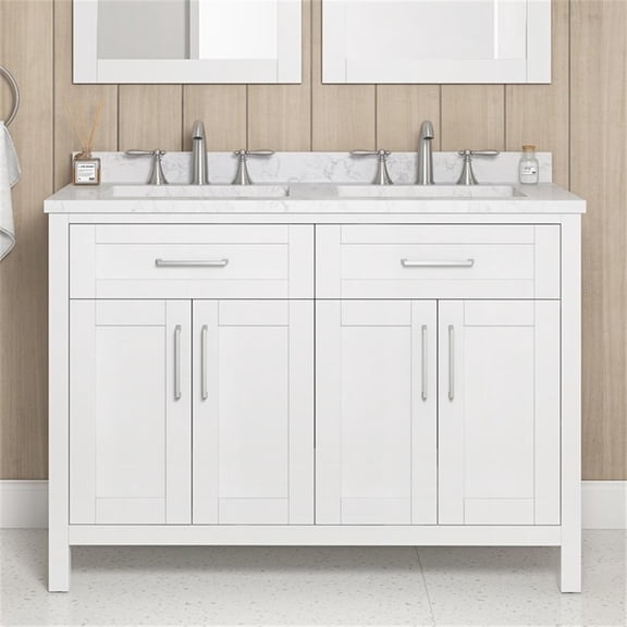 Pemberly Row 48" Double Bathroom Vanity in Pure White with White Countertop