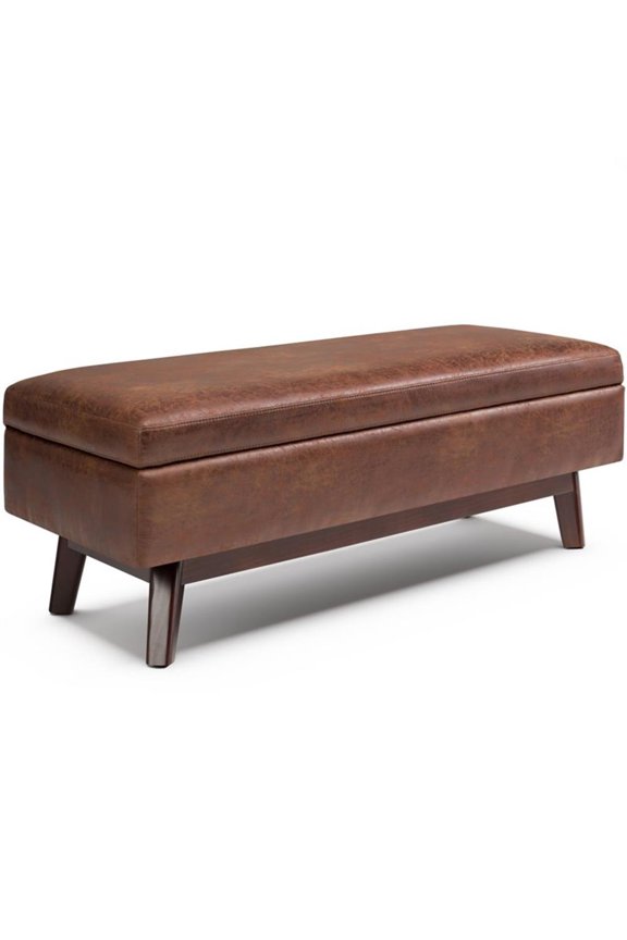 48" Faux Leather Mid Century Storage Ottoman in Saddle Brown