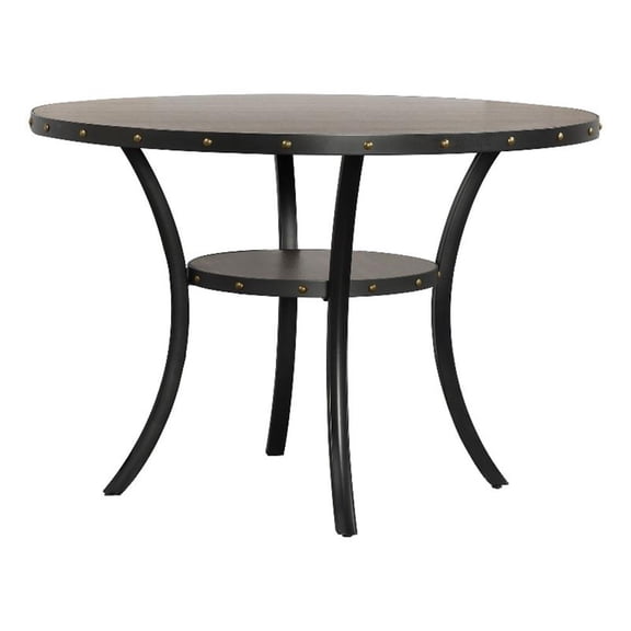 Pemberly Row 48 Inch Round Wood Dining Table with Flared Legs and Shelf in Gray