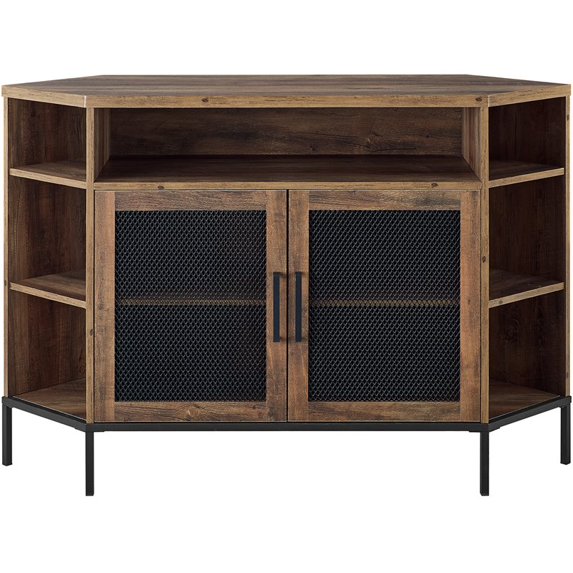 Pemberly Row 48" Mesh Door Corner TV Console with Adjustable Shelf in Rustic Oak