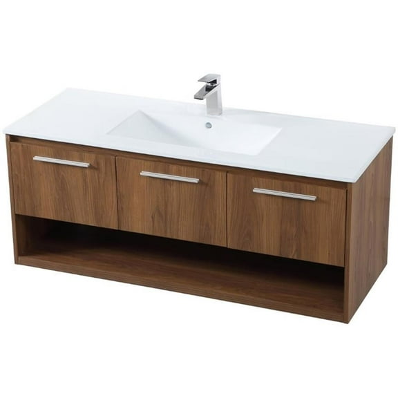 Pemberly Row 48" Single Porcelain Top Floating Bathroom Vanity in Walnut