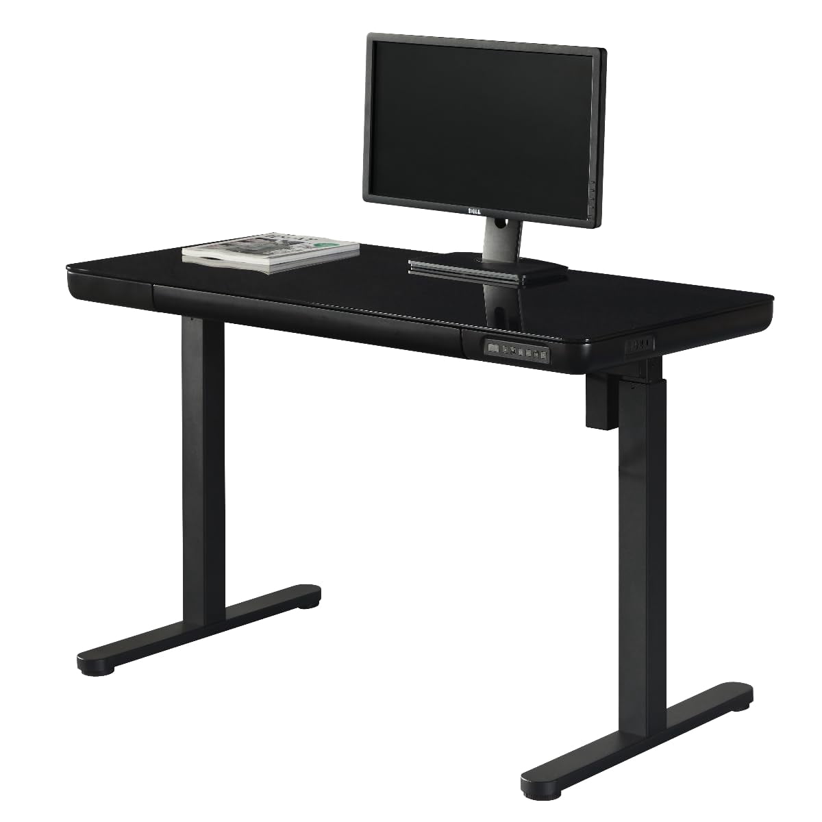 Pemberly Row 48" Tempered Glass Electric Wood Standing Desk with Drawer in White
