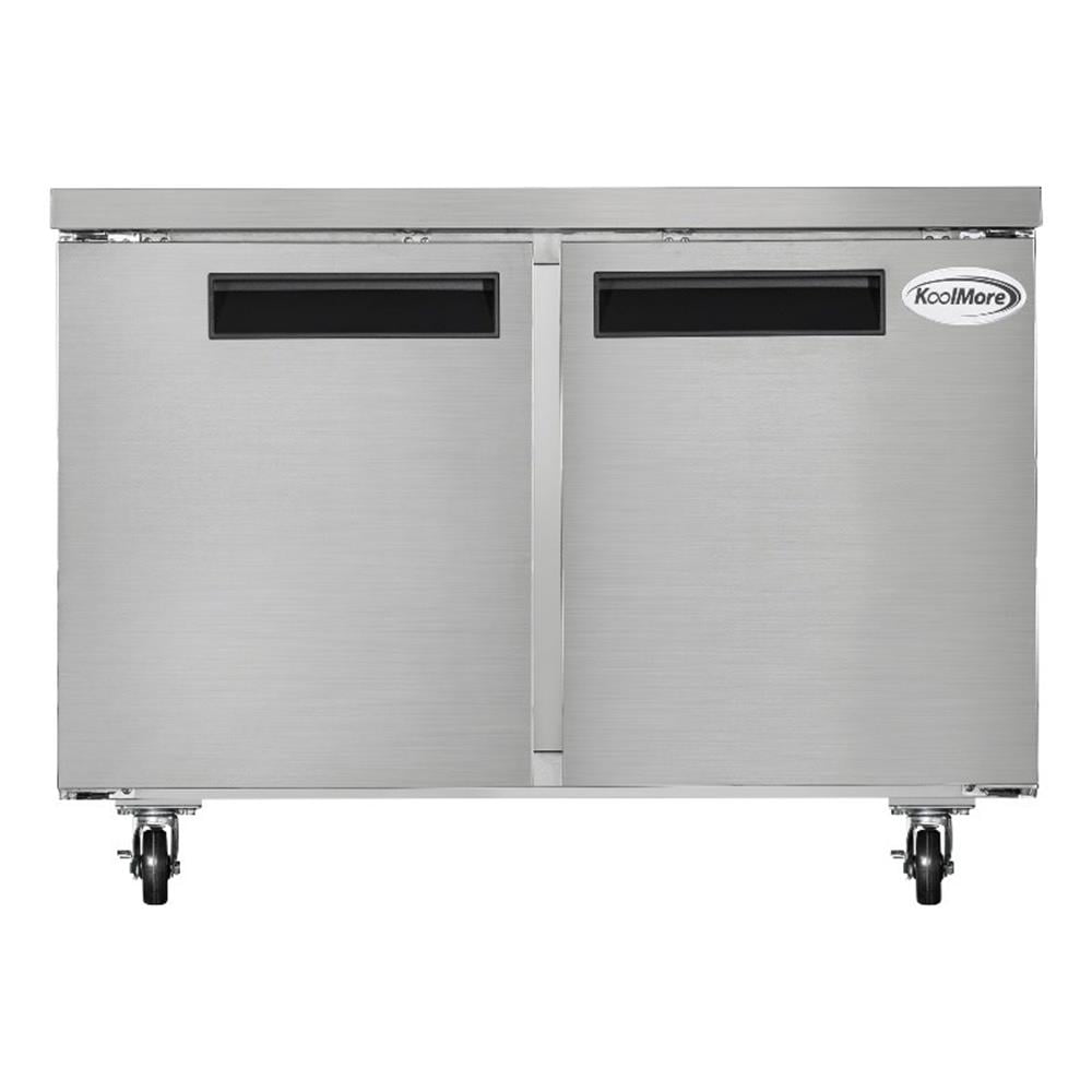 Pemberly Row 48" Two-Door Commercial Undercounter Freezer with Casters in Silver