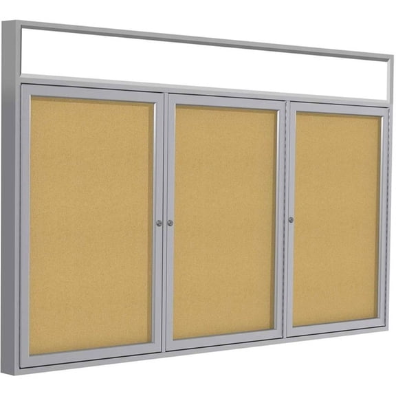Pemberly Row 48"x72" 3-Door Silver Aluminum Header Bulletin Board - Natural Cork