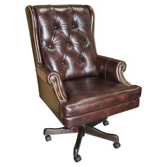 Pemberly Row 49" Transitional Leather Swivel Desk Chair in Brown