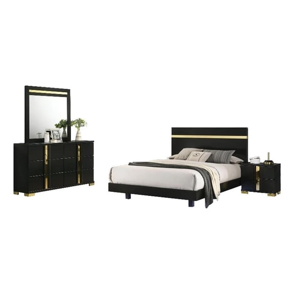 Pemberly Row 4pc Queen Bedroom Set with Underbed LED in Black and Gold