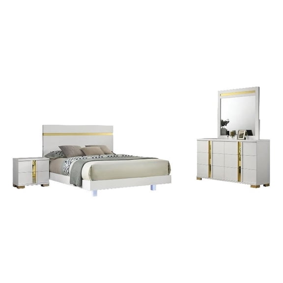 Pemberly Row 4pc Queen Bedroom Set with Underbed LED in White and Gold