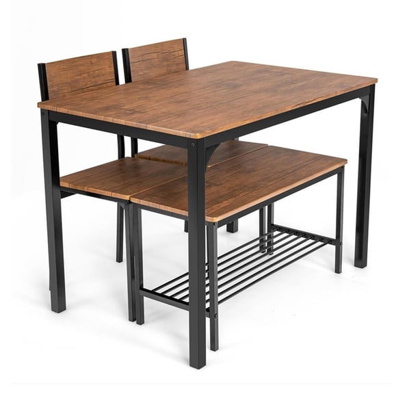 Pemberly Row 4pcs Dining Table Set Rustic Desk 2 Chairs and Bench Brown