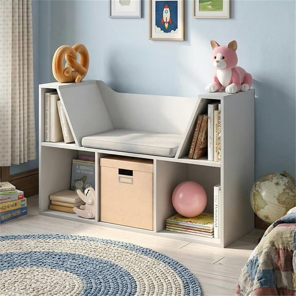 Pemberly Row 5-Cube Bookshelf with Seat Cushion Reading Nook in White