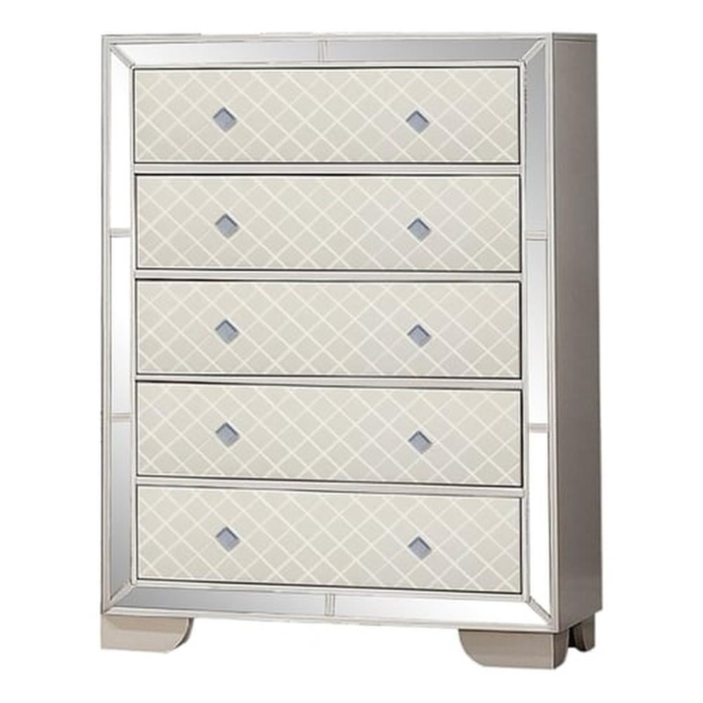 White Velvet and Acacia 5-Drawer Upholstered Chest