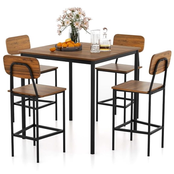 Pemberly Row 5 PCS Industrial Dining Table Set with 4 Bar Stools Walnut