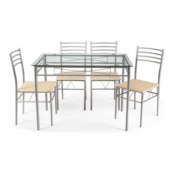 Pemberly Row 5-Pc Glass & Steel Dining Set with Table & 4 Chairs in Silver