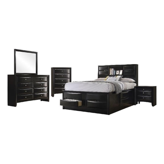 Pemberly Row 5 Pc Queen Bedroom Set with Bookcase Headboard and Storage in Black