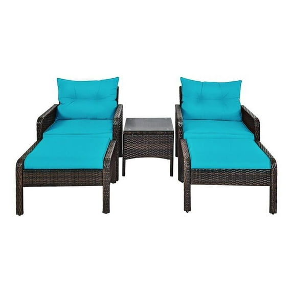 Pemberly Row 5-Pc Rattan & Steel Patio Furniture Set w/ 2 Ottomans in Turquoise