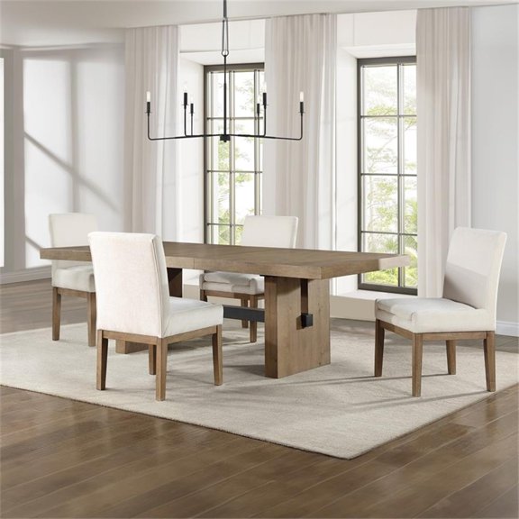 Pemberly Row 5-Piece 78-96" Dining Table with 4 Parsons Chairs in Brown
