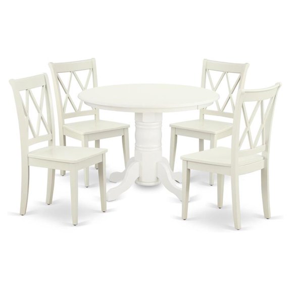 Pemberly Row 5-Piece Asian Wood Dining Set with Round Table in Linen White