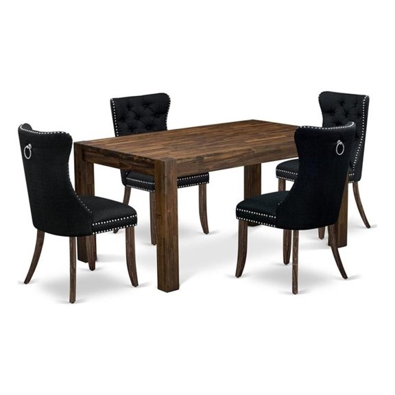 Pemberly Row 5-Piece Dining Table Set in Distressed Jacobean & Black Upholstery