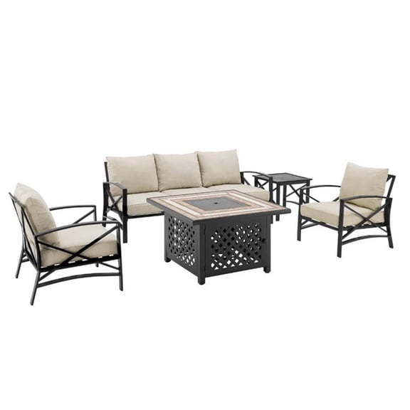 Pemberly Row 5-Piece Metal Outdoor Sofa Set & Fire Table in Oatmeal