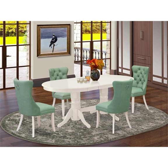 Pemberly Row 5-Piece Oval Dining Table Set in Linen White/Willow Green Finish