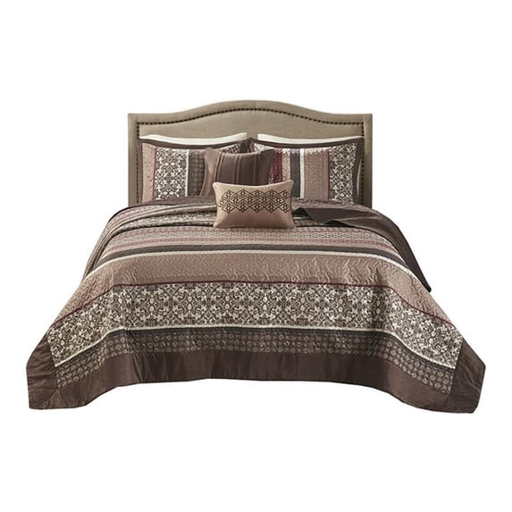 Pemberly Row 5-Piece Polyester Cotton Faux Silk Bedspread Set in Brown