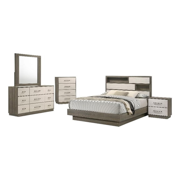 Pemberly Row 5-Piece Queen Bookcase Storage Bedroom Set in Grey Oak