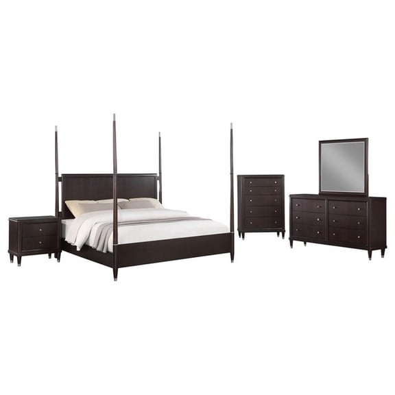 Pemberly Row 5-Piece Queen Four-Poster Modern Bedroom Set in Brown