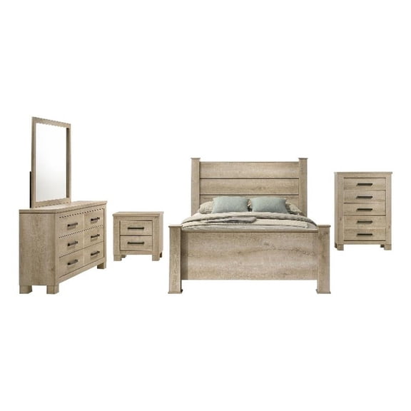 Pemberly Row 5-Piece Queen Rustic Bedroom Set in Weathered Oak