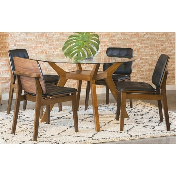 Pemberley Row Wood Nutmeg Dining Set Round Tufted Faux Leather Seats 48" Unassembled