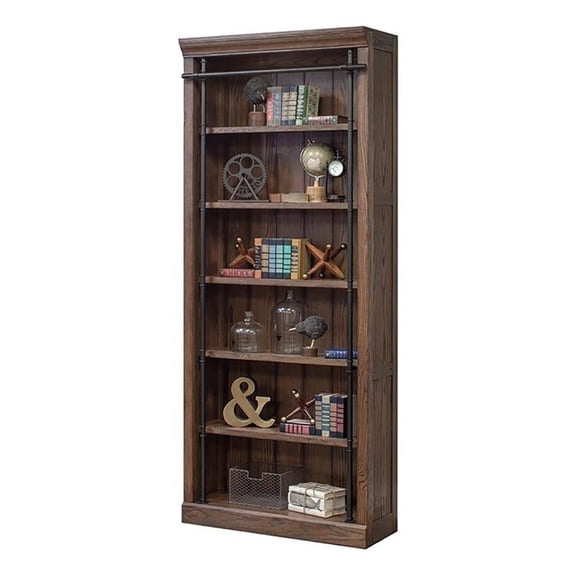 Pemberly Row 5-Shelf Farmhouse Wood Bookcase with Steel Frame in Brown