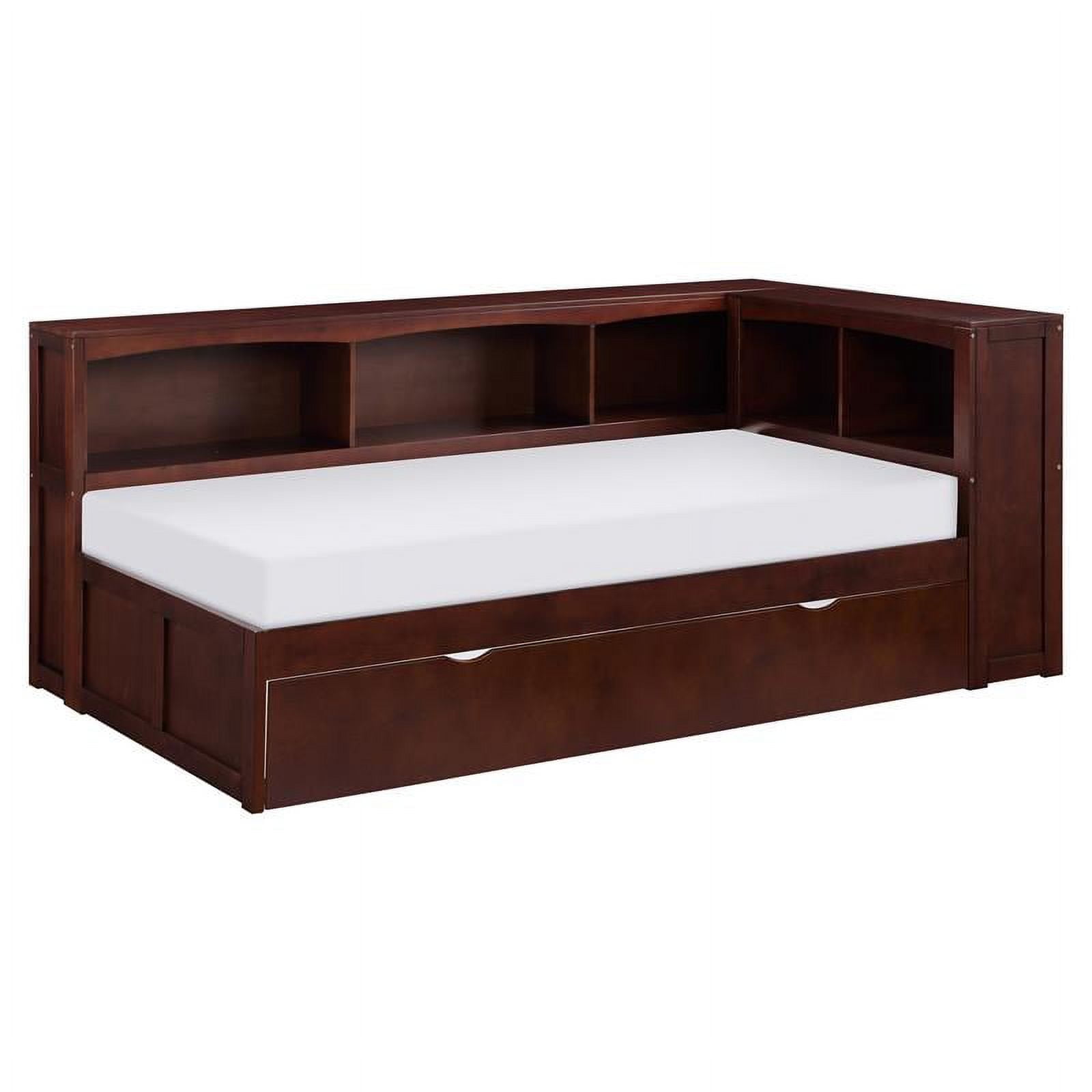 Pemberly Row Twin Corner Bookcase Bed with Trundle in Dark Cherry