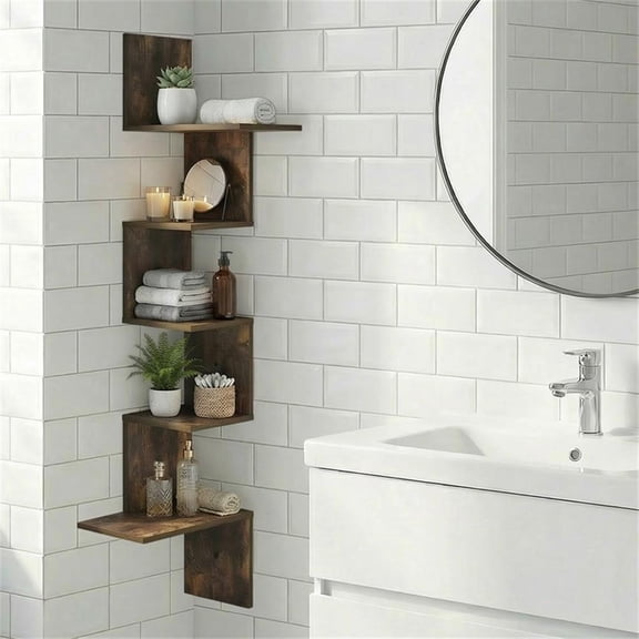 Pemberly Row 5-Tier Corner S-shape Radial Floating Bookshelf in Amber Pine