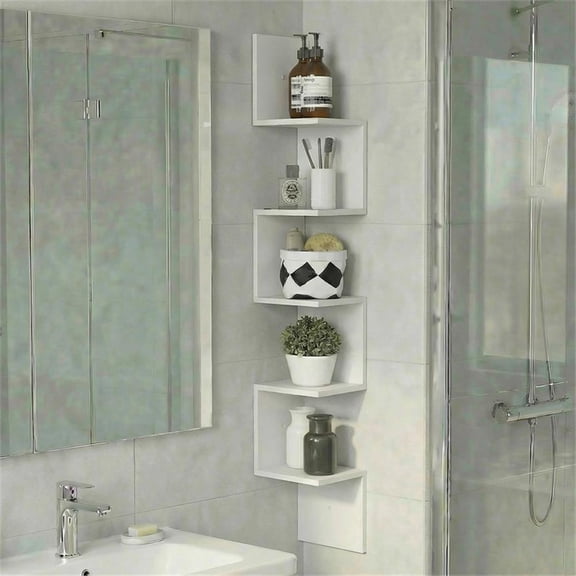 Pemberly Row 5-Tier Corner S-shape Radial Floating Bookshelf in White