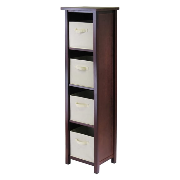 Pemberly Row 5-Tier Tall Solid Wood Storage Shelf with Baskets in Walnut/Beige