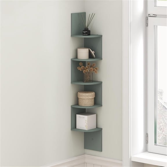 Pemberly Row 5-Tier Zigzag Corner Wall Shelf Floating Bookcase in Sage Green