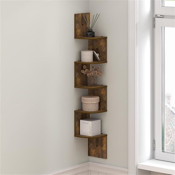 Pemberly Row 5-Tier Zigzag Corner Shelf Wall Mounted in Amber Pine
