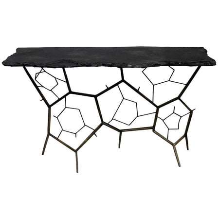 Pemberly Row 51" Live Edge Stone Console Table on Black Cast Iron Base