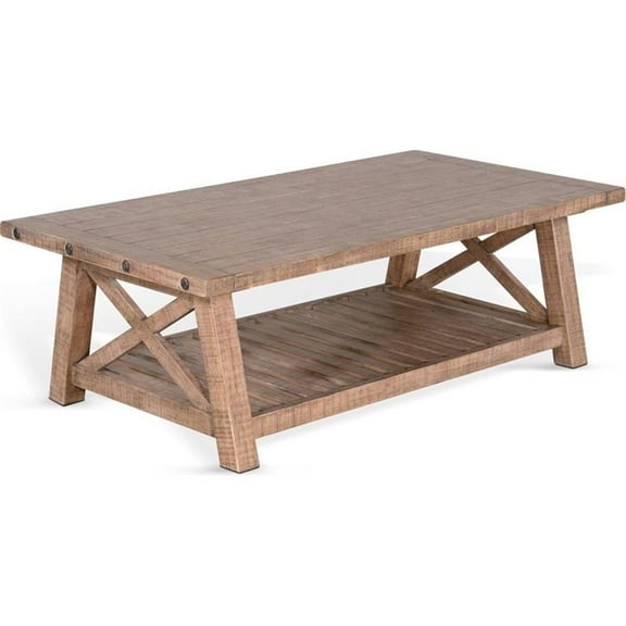 Pemberly Row 52" Farmhouse Mahogany Wood Coffee Table in Light Brown