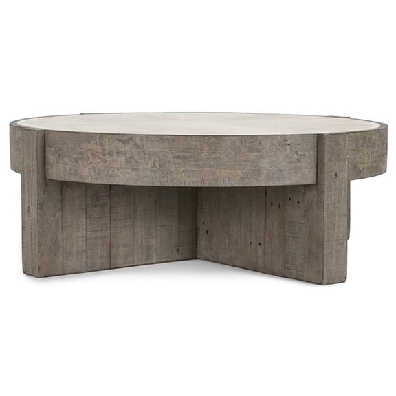 Pemberly Row 52" Round Reclaimed Pine Wood Coffee Table in Distressed Gray