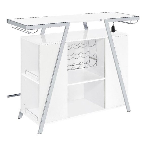 Pemberly Row 52" Wine Bar Cabinet with Storage & Shelves in White & Chrome Steel