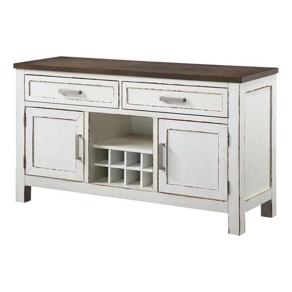 Pemberly Row 54" Buffet Server Brown Top 2 Drawers Wine Rack White