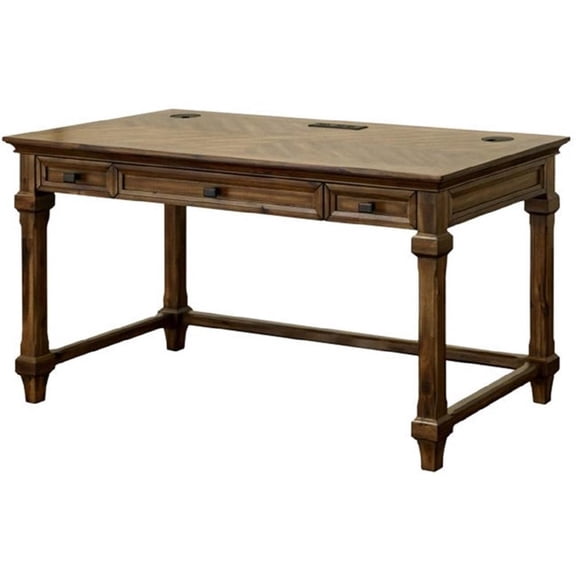 Pemberly Row 54" Solid Wood Writing Desk with Power Center in Toasted Pecan