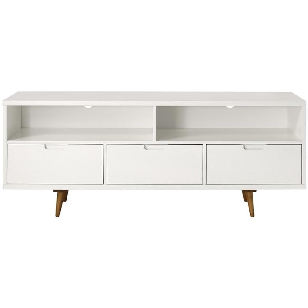 White Solid Pine Wood 58" TV Stand with 3 Drawers and 2 Cubbies